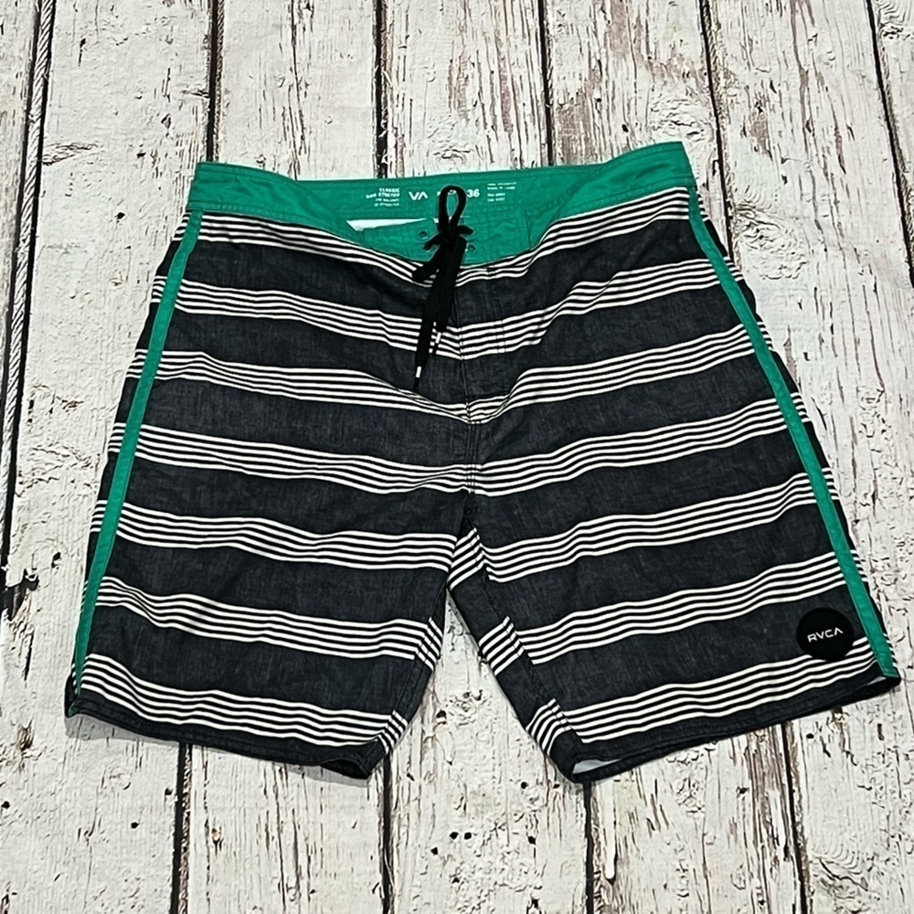RVCA Black & White Striped Men's Flat Front Shorts with Green Trim